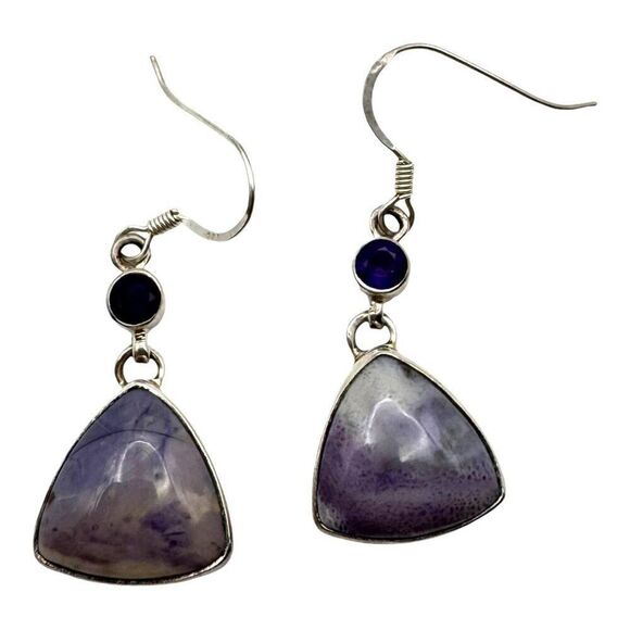 Sterling Silver & Amethyst Lavender Jade Dangle Earrings Triangular Gemstone - Picture 1 of 4
